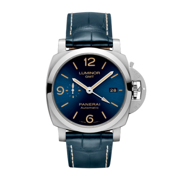 Panerai Luminor GMT 46mm Steel Dial Blue Leather