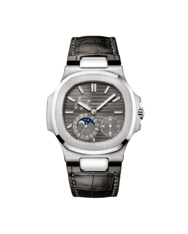 Patek Philippe Nautilus 43mm Power Reserve Moonphase Grey Dial Leather