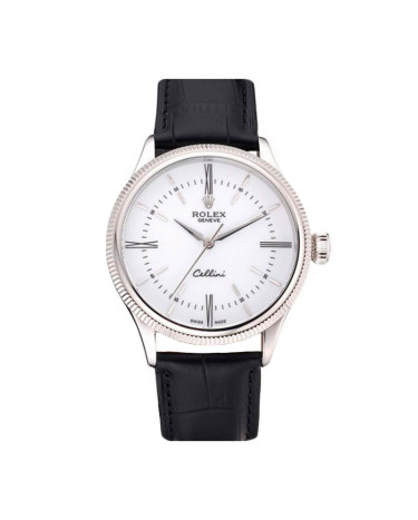 Rolex Cellini 40mm Silver Case White Dial Black Leather Bracelet